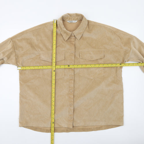 Stradivarius Women Beige Corduroy Button-Up Shirt Size S