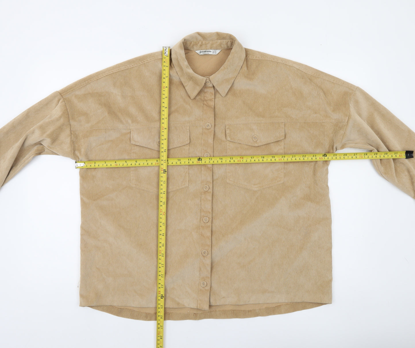 Stradivarius Women Beige Corduroy Button-Up Shirt Size S