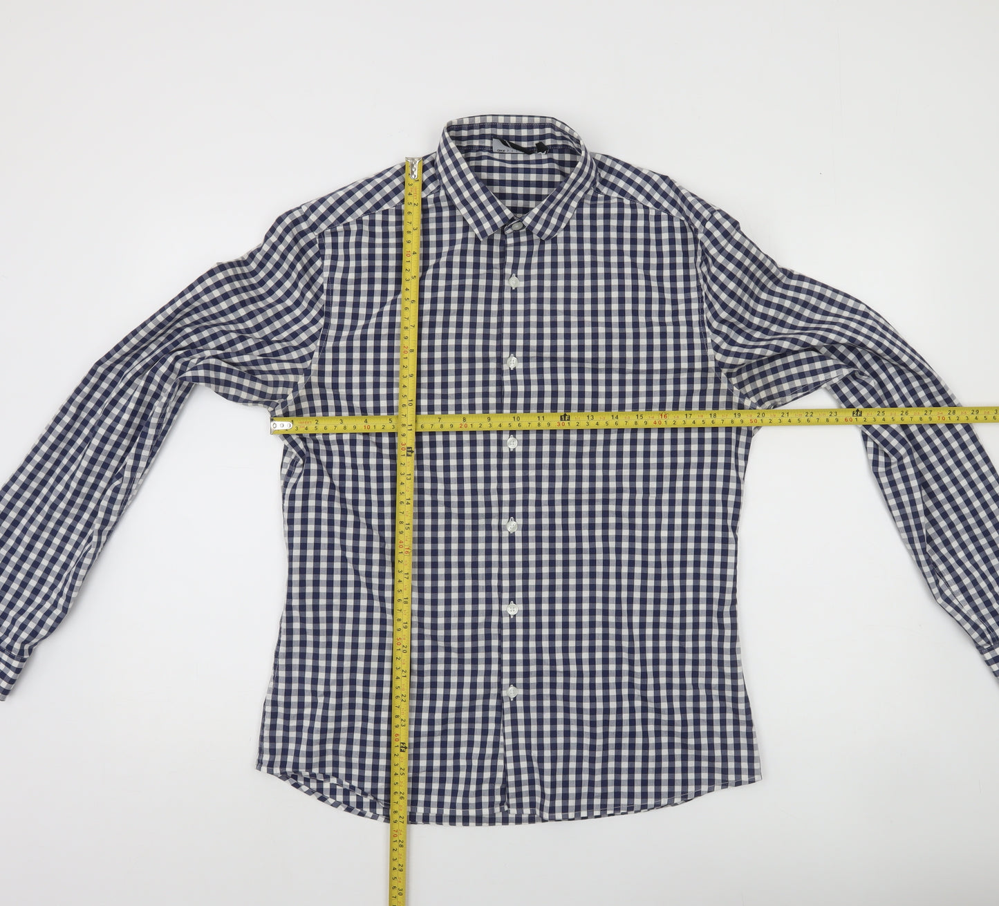 ASOS DESIGN Men's Blue Check Slim Fit Long Sleeve Button-Up Shirt M