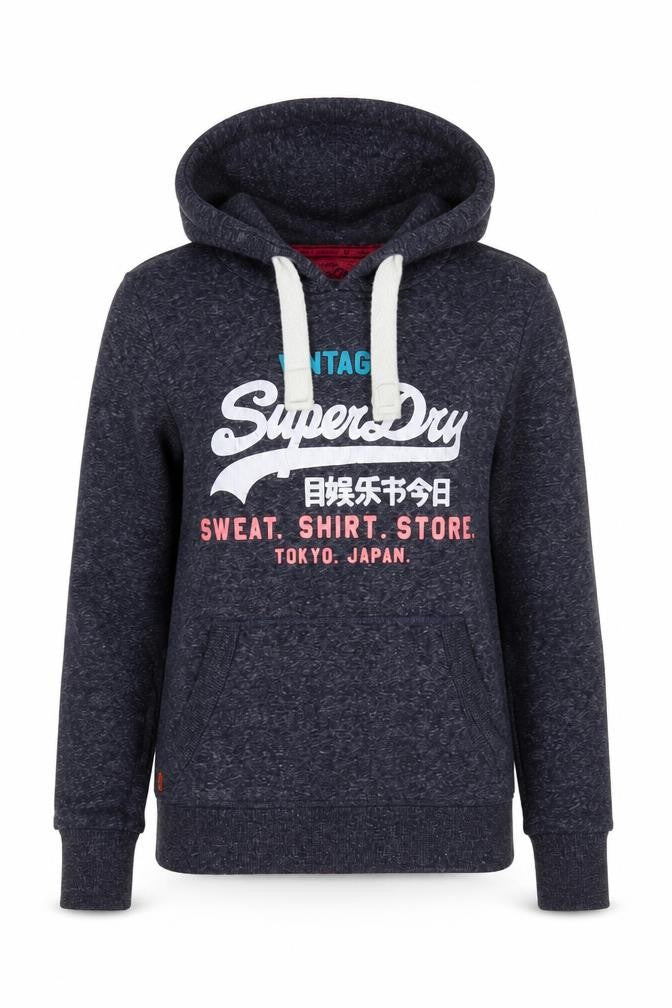 Front view of Superdry women’s blue pullover hoodie xxs vintage graphic sweatshirt