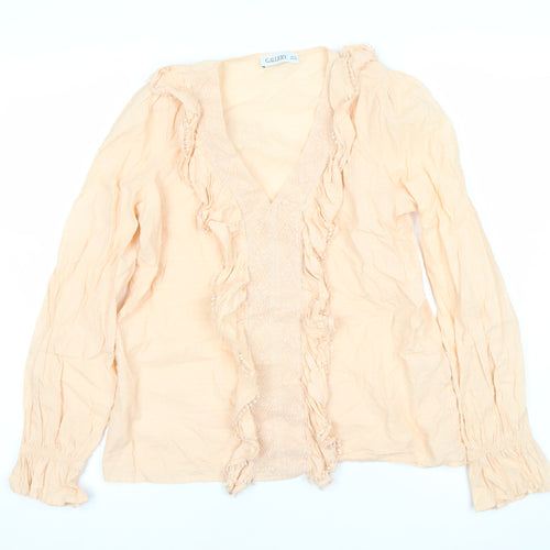 Gallery Women’s Beige Cotton Ruffle Long Sleeve Tunic Blouse UK 10
