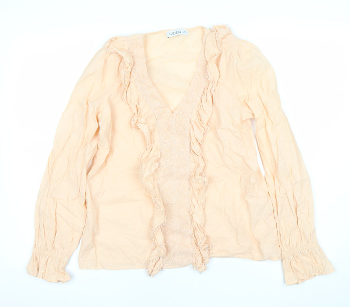 Gallery Women’s Beige Cotton Ruffle Long Sleeve Tunic Blouse UK 10