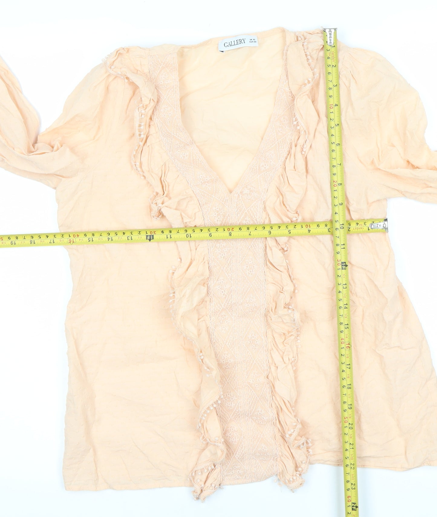Gallery Women’s Beige Cotton Ruffle Long Sleeve Tunic Blouse UK 10