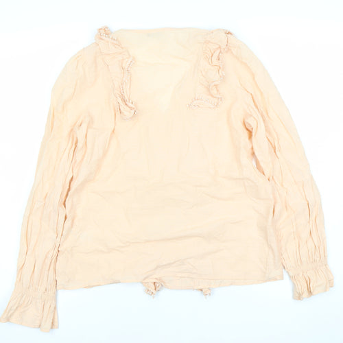 Gallery Women’s Beige Cotton Ruffle Long Sleeve Tunic Blouse UK 10