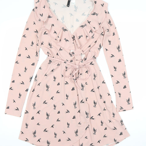H&M Divided Women’s Pink Bird Print V-Neck Wrap Dress Size 8