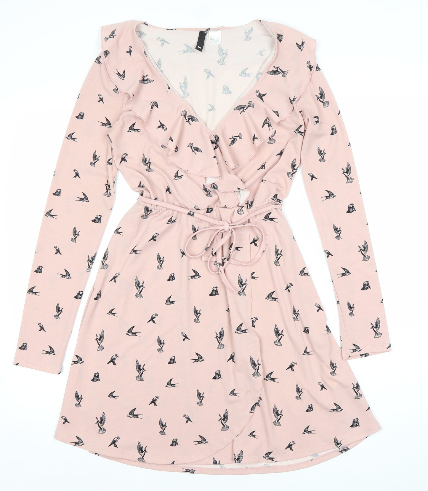 H&M Divided Women’s Pink Bird Print V-Neck Wrap Dress Size 8