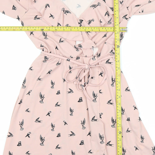 H&M Divided Women’s Pink Bird Print V-Neck Wrap Dress Size 8