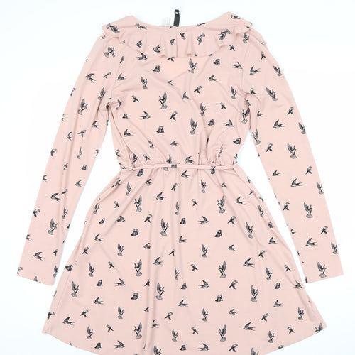 H&M Divided Women’s Pink Bird Print V-Neck Wrap Dress Size 8