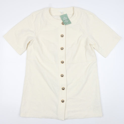 H&M Women Ivory Knit Shirt Dress M Button Front Half Sleeve