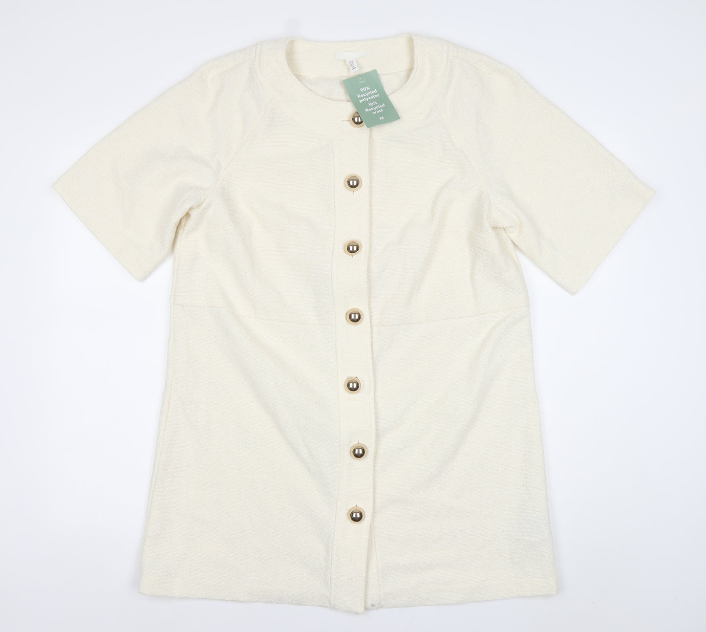 H&M Women Ivory Knit Shirt Dress M Button Front Half Sleeve