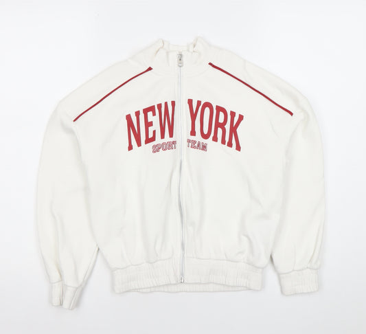H&M Girls White Full Zip Hoodie 9-10 Years New York Print Sports Style