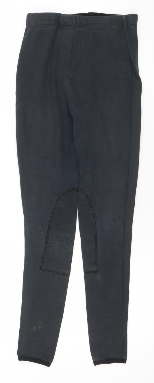 Front view of Equestrian girls’ black stretch equestrian riding trousers size 24in 152cm cotton blend