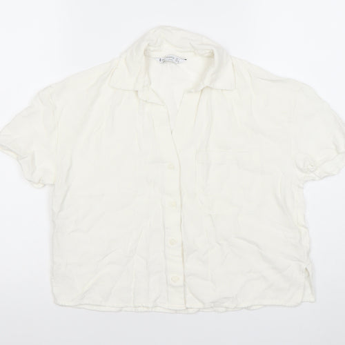 Stradivarius Women’s White Viscose Short Sleeve Button-Up Shirt Size 12