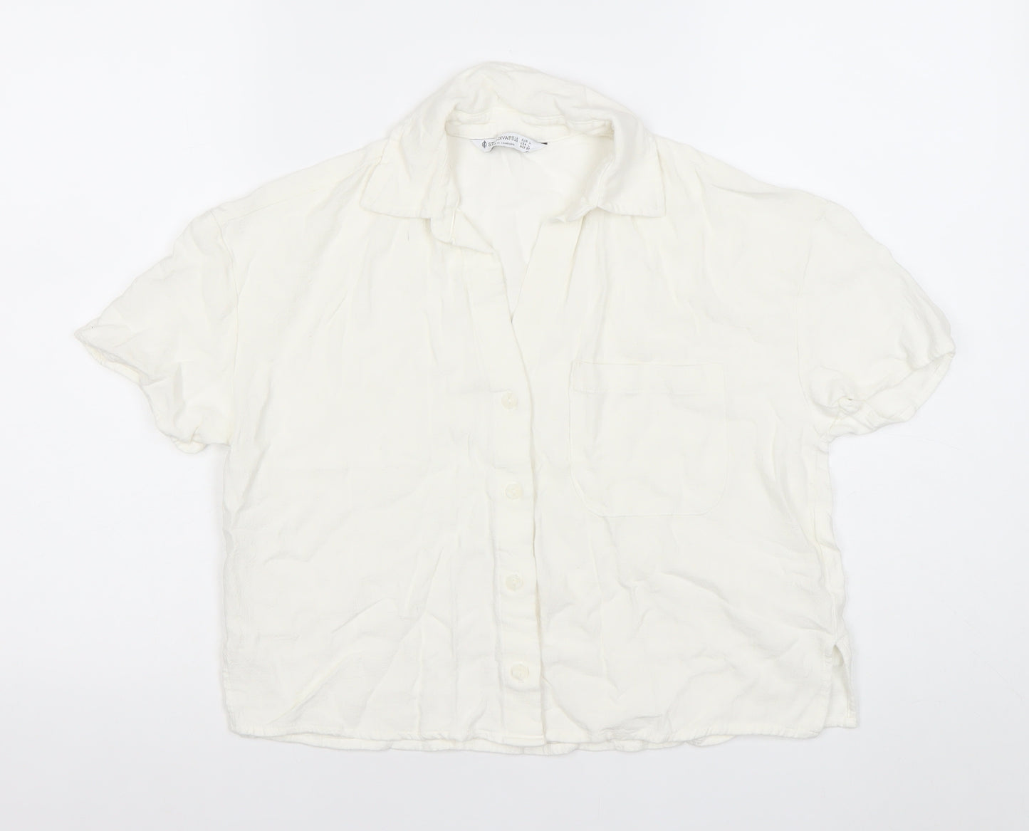 Stradivarius Women’s White Viscose Short Sleeve Button-Up Shirt Size 12
