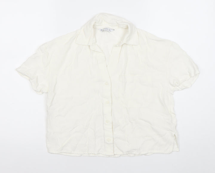 Stradivarius Women’s White Viscose Short Sleeve Button-Up Shirt Size 12
