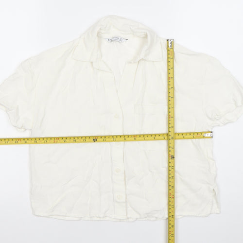 Stradivarius Women’s White Viscose Short Sleeve Button-Up Shirt Size 12