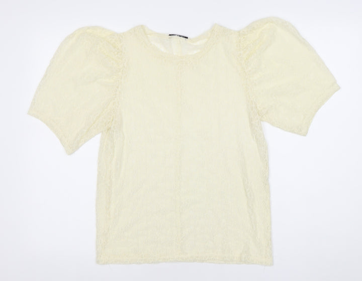ZARA Women Ivory Lace Puff Sleeve Blouse Size 14