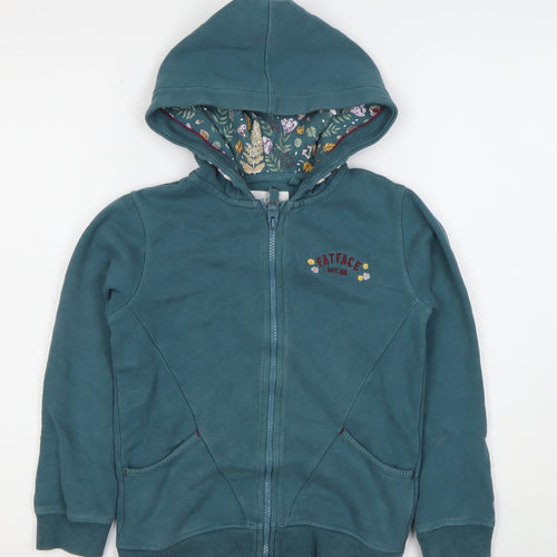 FatFace Girls Green Full Zip Hoodie 8 Years Hooded Floral Lined Sweatshirt