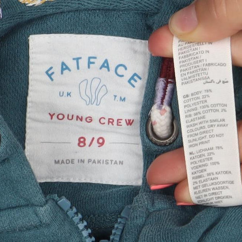 FatFace Girls Green Full Zip Hoodie 8 Years Hooded Floral Lined Sweatshirt