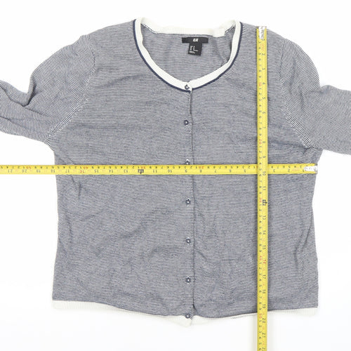 H&M Women Blue Striped Cotton Button-Up Cardigan M Long Sleeve