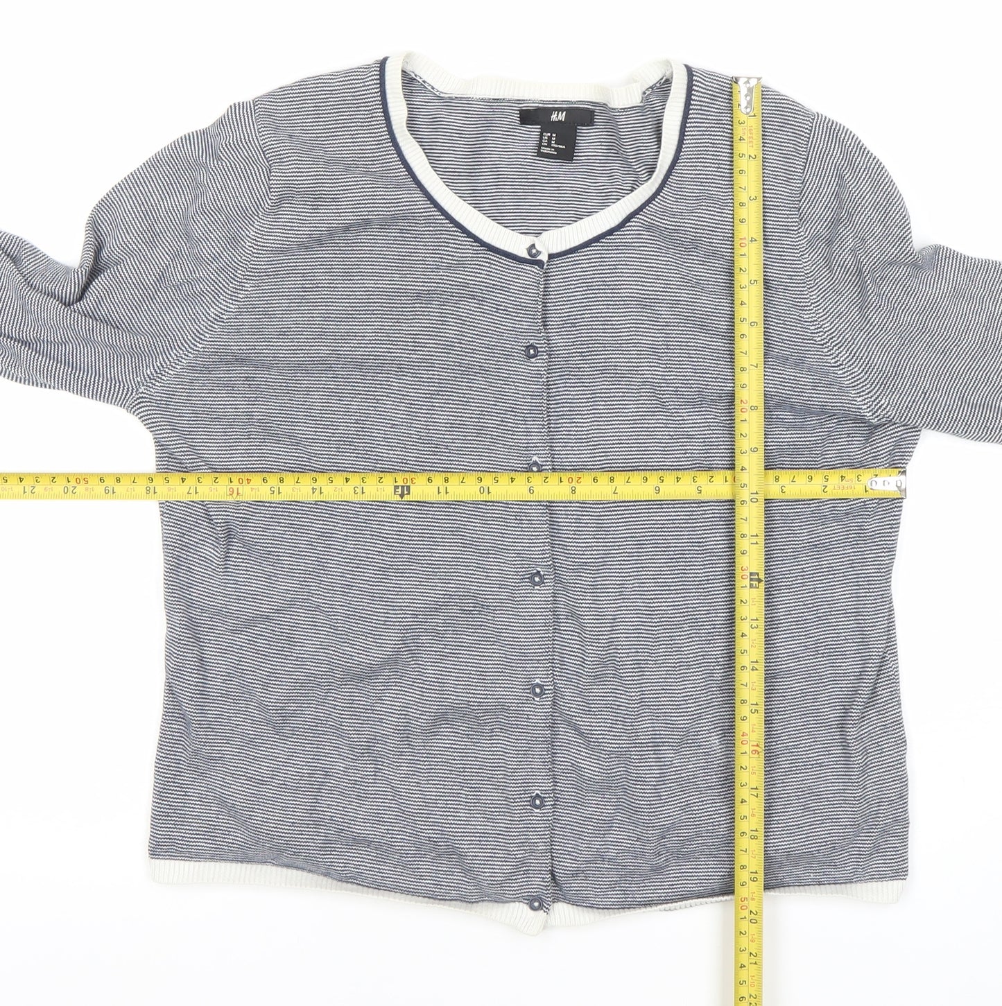 H&M Women Blue Striped Cotton Button-Up Cardigan M Long Sleeve