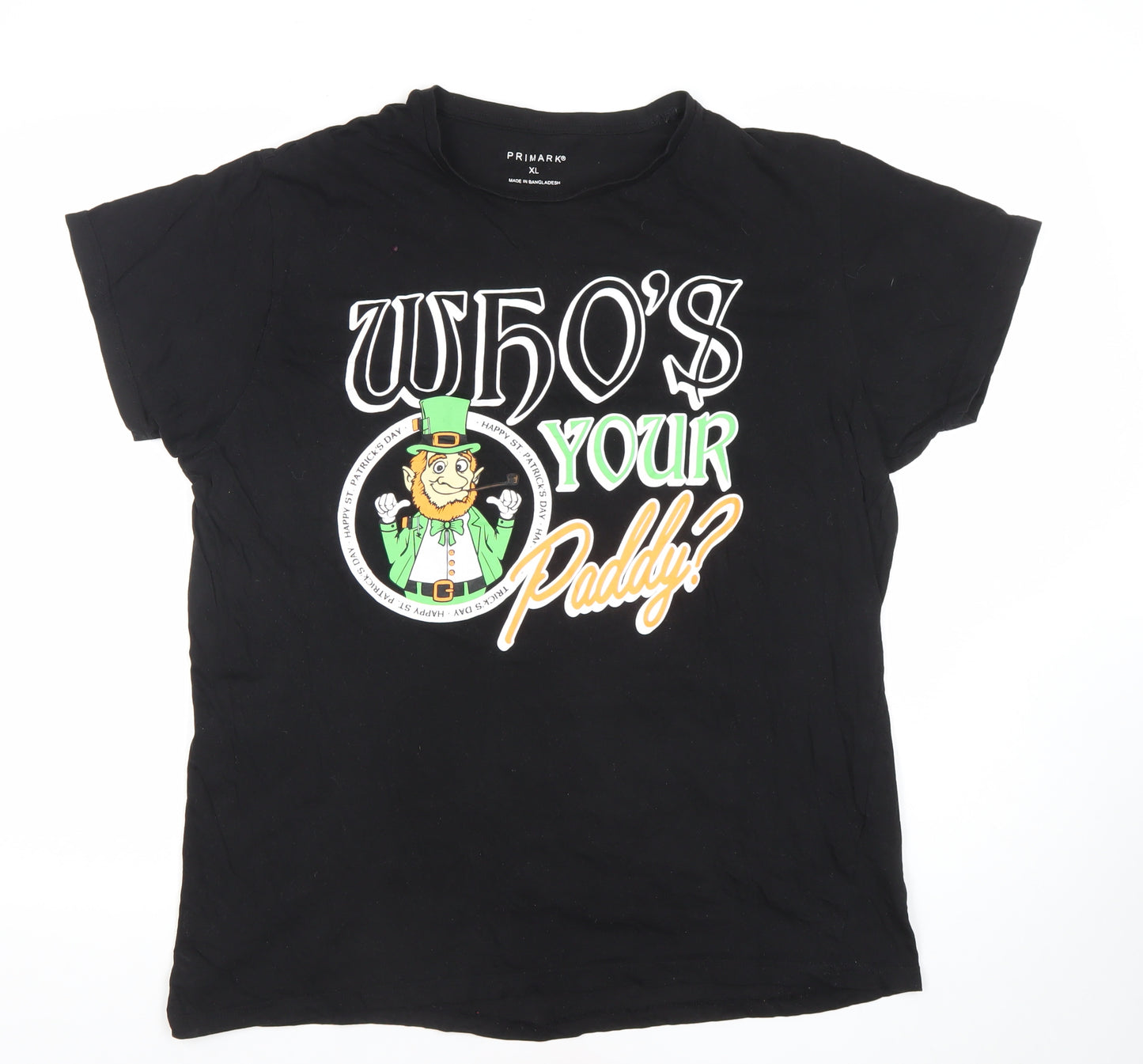 Primark Men Black XL Funny 'Who's Your Paddy?' Graphic Cotton T-Shirt