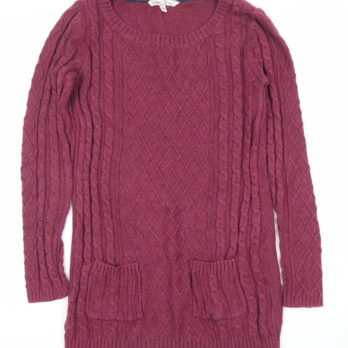 Fat Face Women's Purple Cable-Knit Tunic Jumper Size 10 Wool Blend