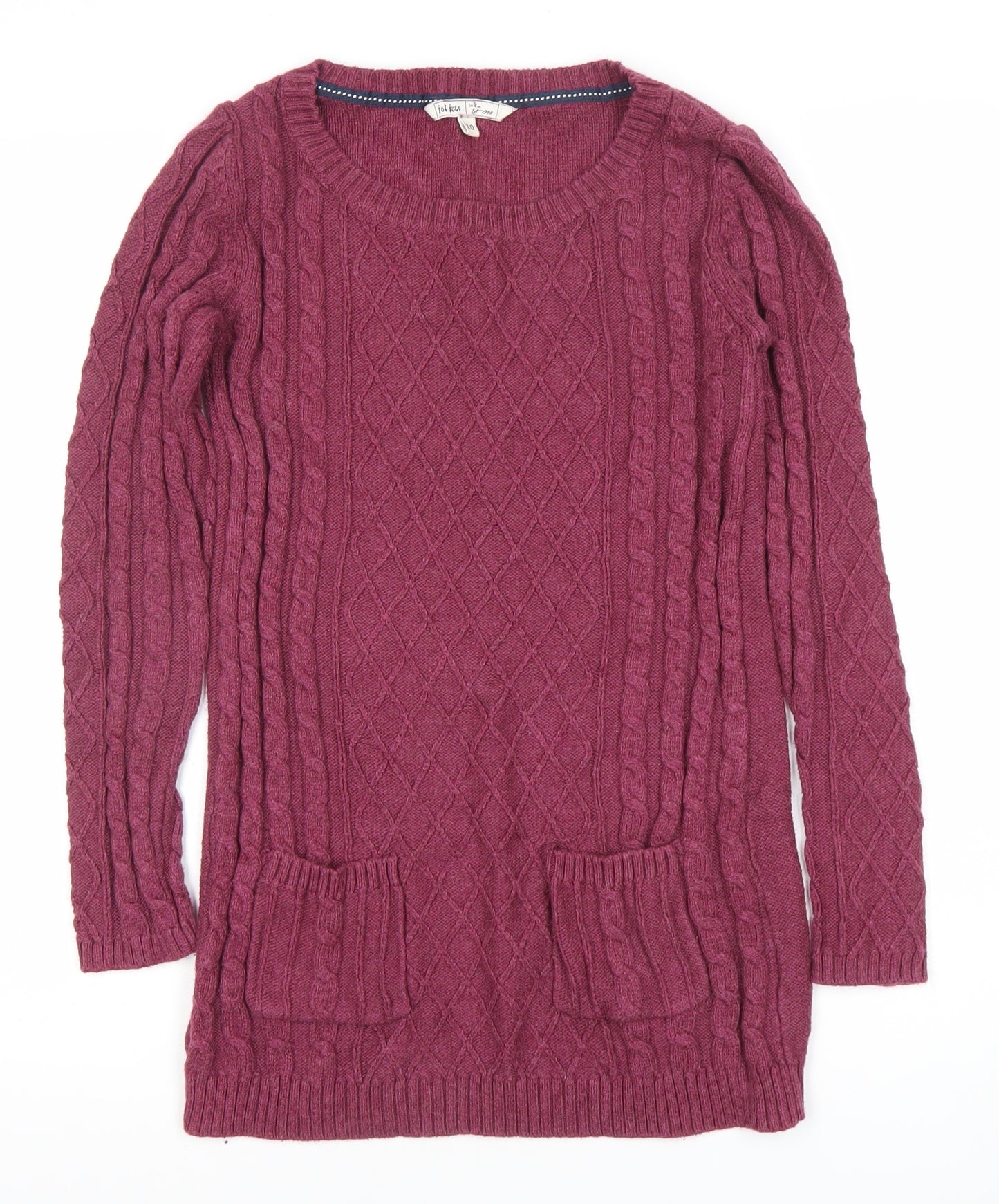 Fat Face Women's Purple Cable-Knit Tunic Jumper Size 10 Wool Blend