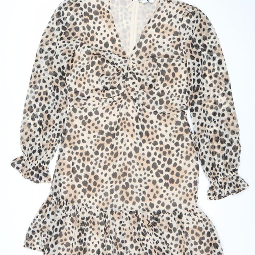 Very Women Beige Leopard Print Wrap Dress Size 14 Long Sleeve Chiffon