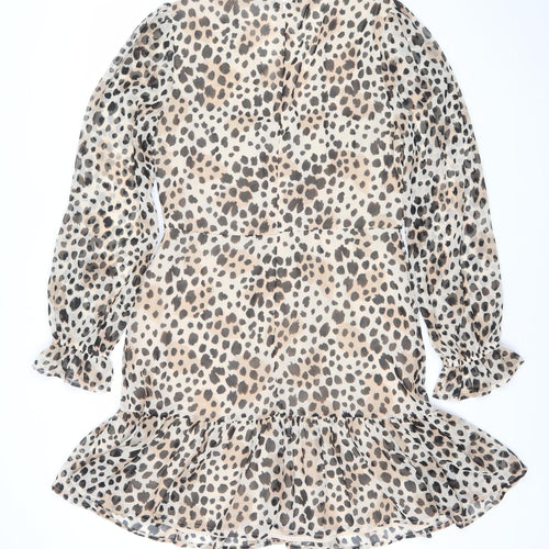 Very Women Beige Leopard Print Wrap Dress Size 14 Long Sleeve Chiffon