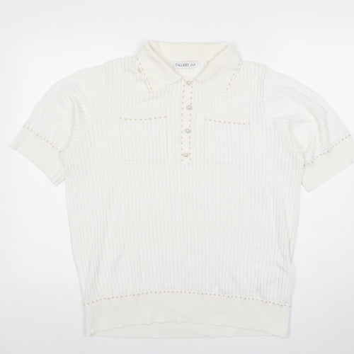 CALLERY Women's White XL Polo Knit Top Short Sleeve Beaded Detail