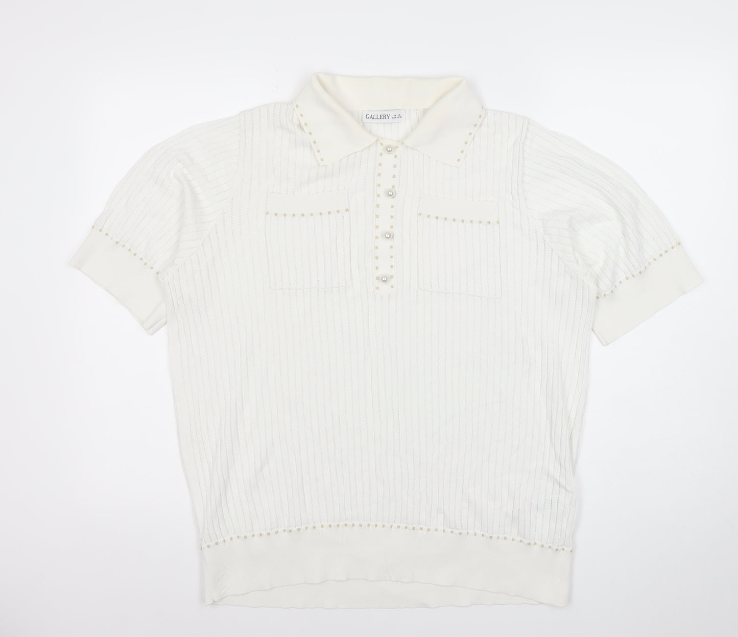 CALLERY Women's White XL Polo Knit Top Short Sleeve Beaded Detail