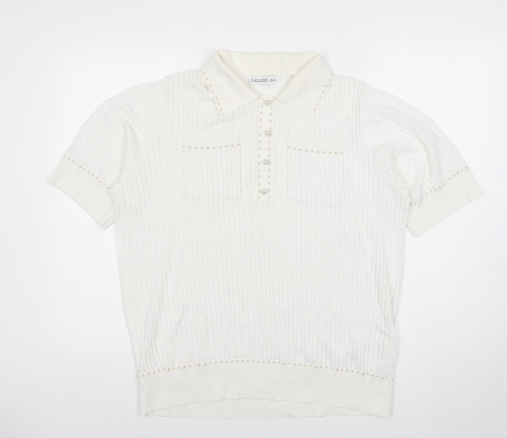 CALLERY Women's White XL Polo Knit Top Short Sleeve Beaded Detail