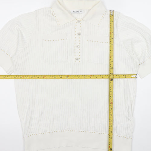 CALLERY Women's White XL Polo Knit Top Short Sleeve Beaded Detail