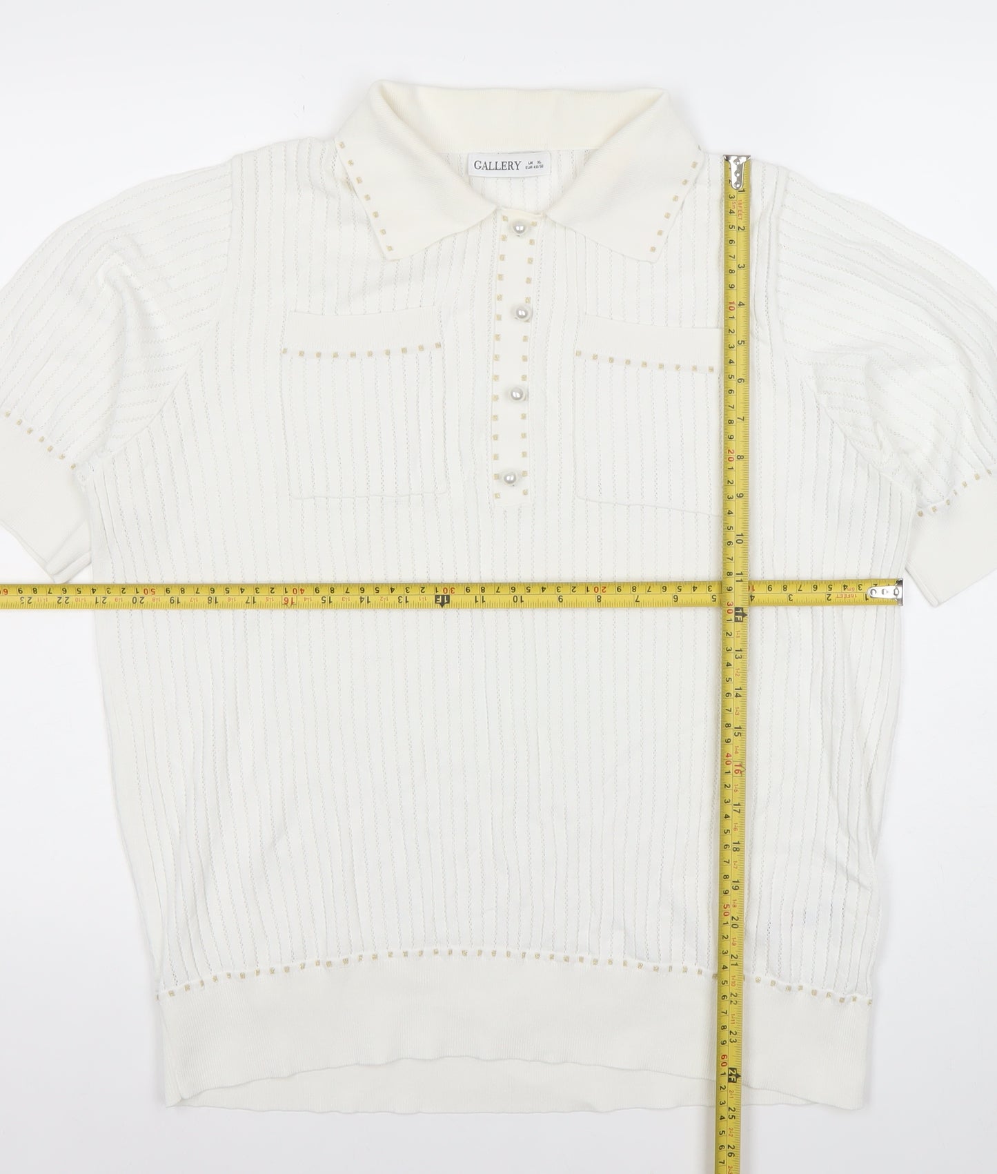 CALLERY Women's White XL Polo Knit Top Short Sleeve Beaded Detail