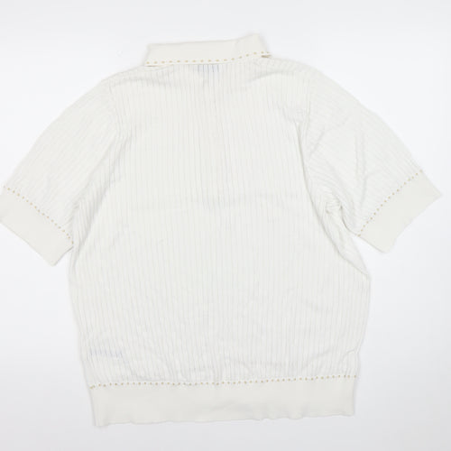 CALLERY Women's White XL Polo Knit Top Short Sleeve Beaded Detail