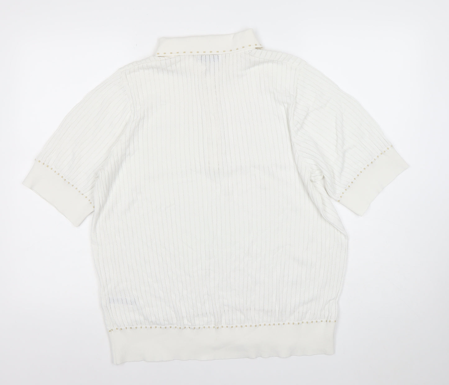 CALLERY Women's White XL Polo Knit Top Short Sleeve Beaded Detail