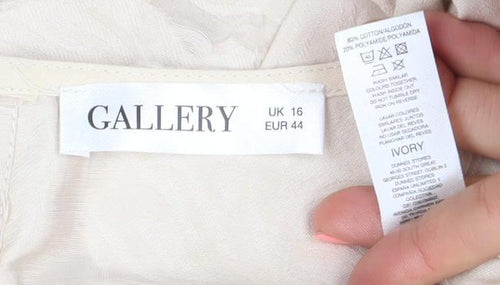 Gallery Womens Beige Floral Jacquard Long Sleeve Blouse UK 16