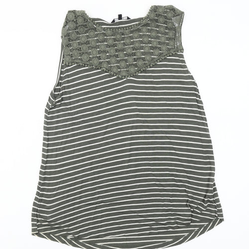 Miso Essentials Women’s Green Striped Crochet Neck Sleeveless Tank Top Size M