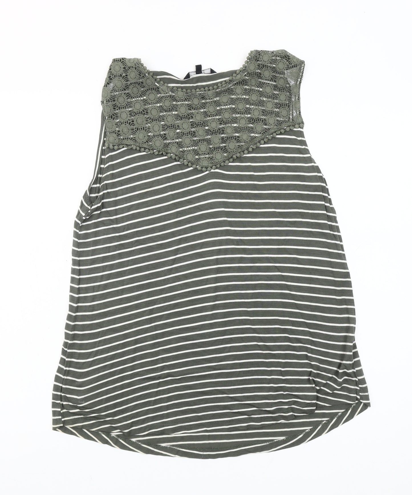 Miso Essentials Women’s Green Striped Crochet Neck Sleeveless Tank Top Size M