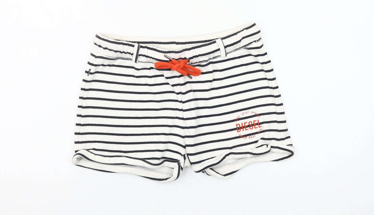 Diesel Womens White Black Striped Drawstring Shorts Size M Cotton Blend