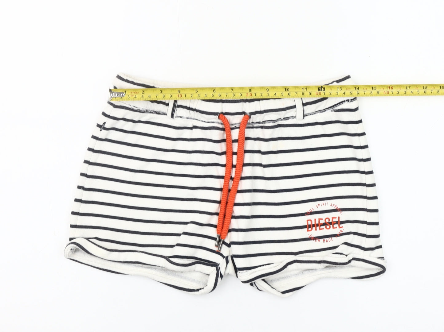Diesel Womens White Black Striped Drawstring Shorts Size M Cotton Blend