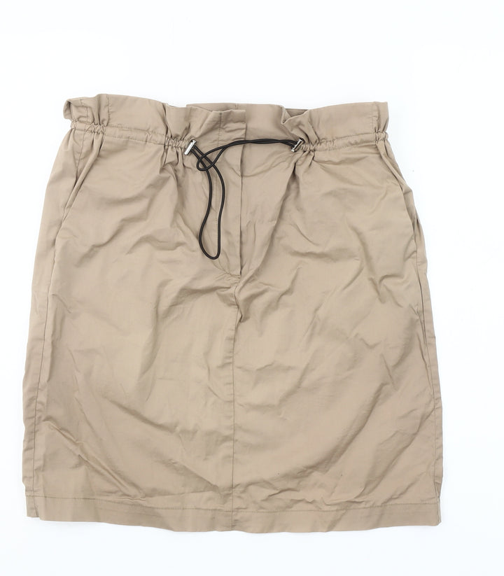 MNG Women Beige Cotton Elastic Waist Knee Length Skirt Size 10