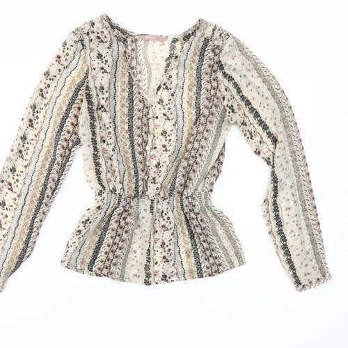 A|wear Women's Beige Floral Tunic Blouse Size 10 Long Sleeve V-Neck