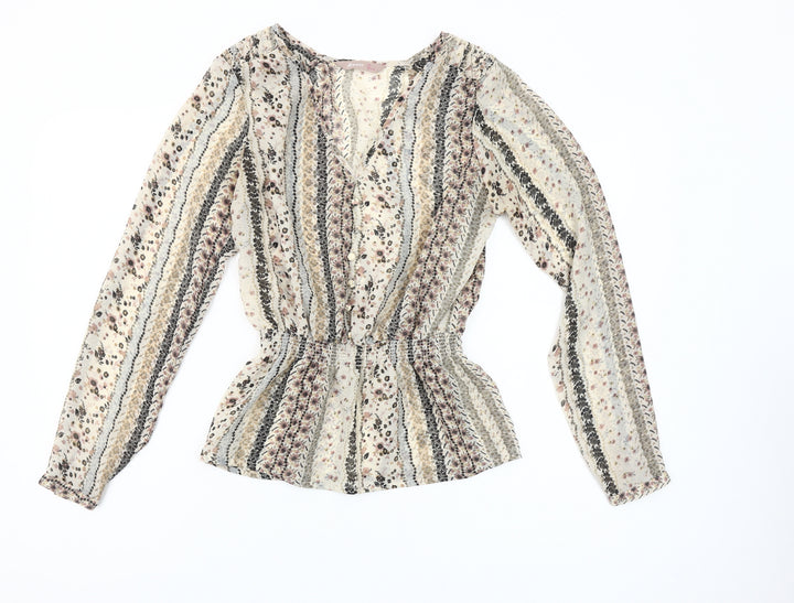 A|wear Women's Beige Floral Tunic Blouse Size 10 Long Sleeve V-Neck