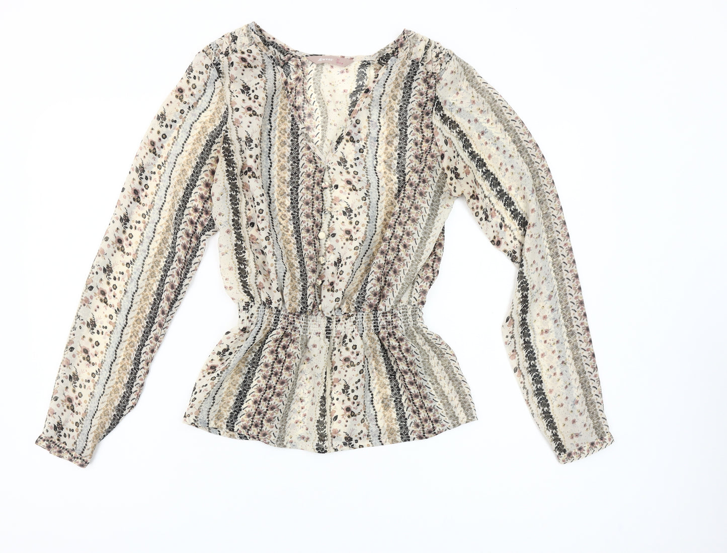 A|wear Women's Beige Floral Tunic Blouse Size 10 Long Sleeve V-Neck