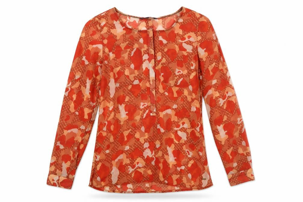 Front view of Tommy Hilfiger Women's Orange Geometric Chiffon Tunic Blouse XS