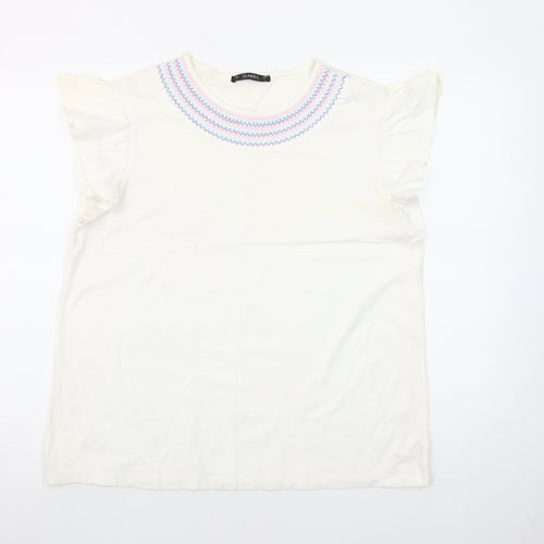 Dunnes Stores Womens White Embroidered Flutter Sleeve Cotton T-Shirt Size L
