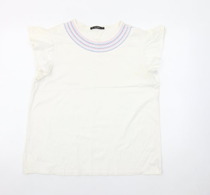 Dunnes Stores Womens White Embroidered Flutter Sleeve Cotton T-Shirt Size L