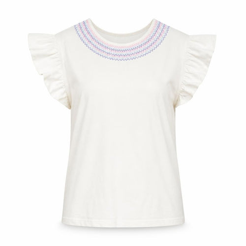 Dunnes Stores Womens White Embroidered Flutter Sleeve Cotton T-Shirt Size L